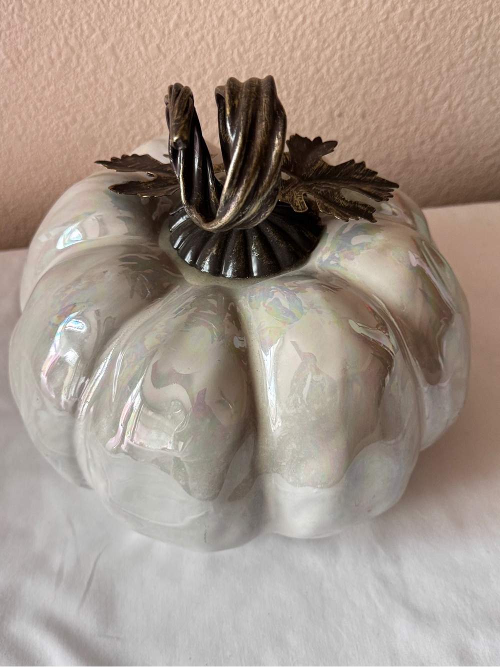 Iridescent White Decorative Pumpkin with Antique Bronze Stem - Home Art